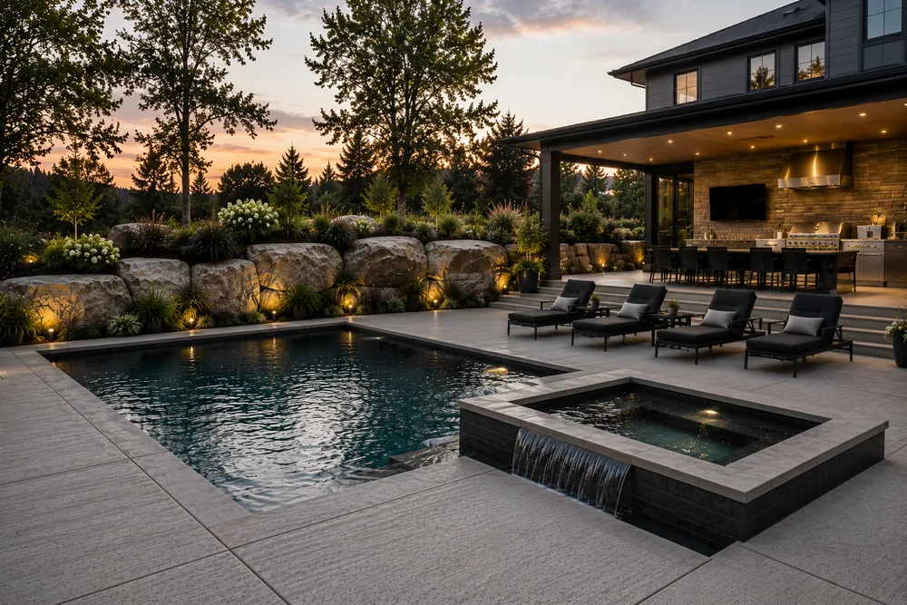 Broom-finish concrete around a modern pool and hot tub in Lansdale, Pennsylvania